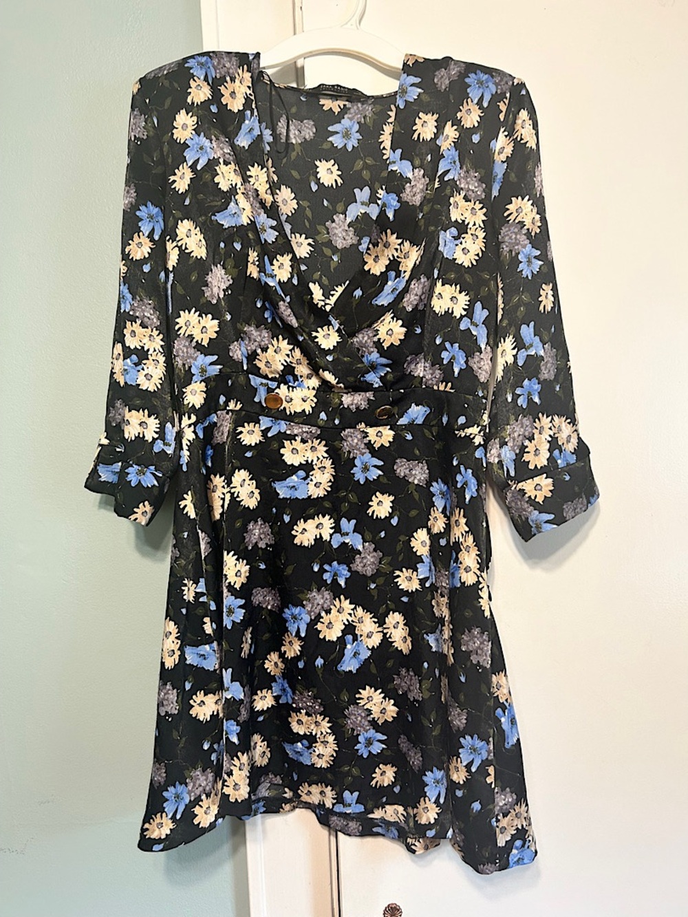 Zara Low V-Neck Black Mini Dress w/ Blue & Yellow Flowers